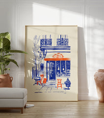 French cafe poster illustration with blue building, orange awning, and outdoor chairs in a city street scene. - Image 3