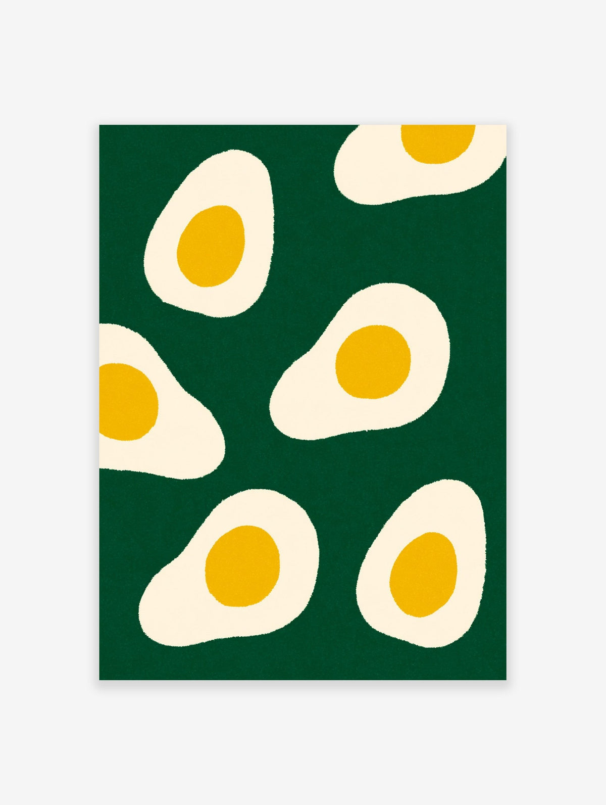 Minimalist fried egg pattern illustration with yellow yolks and cream whites on a deep forest green background wall art print