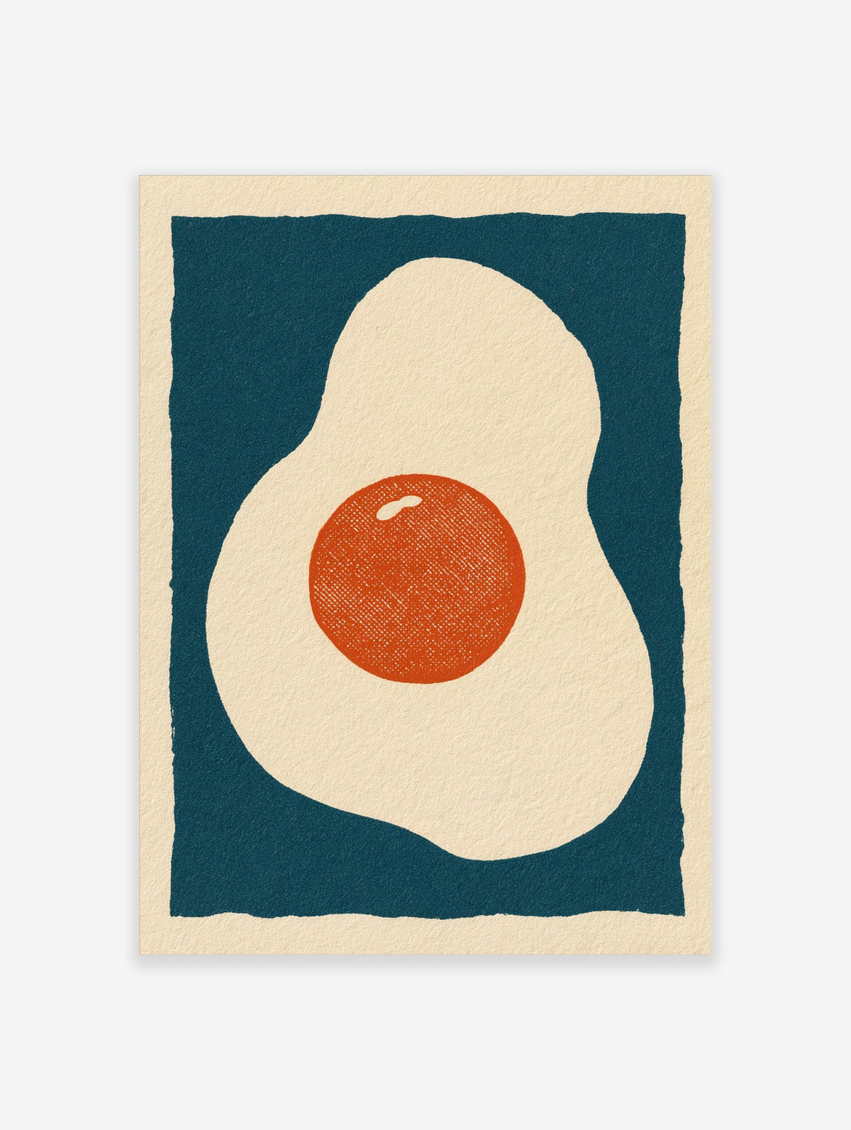 Fried egg art print with orange yolk and cream white on deep teal background