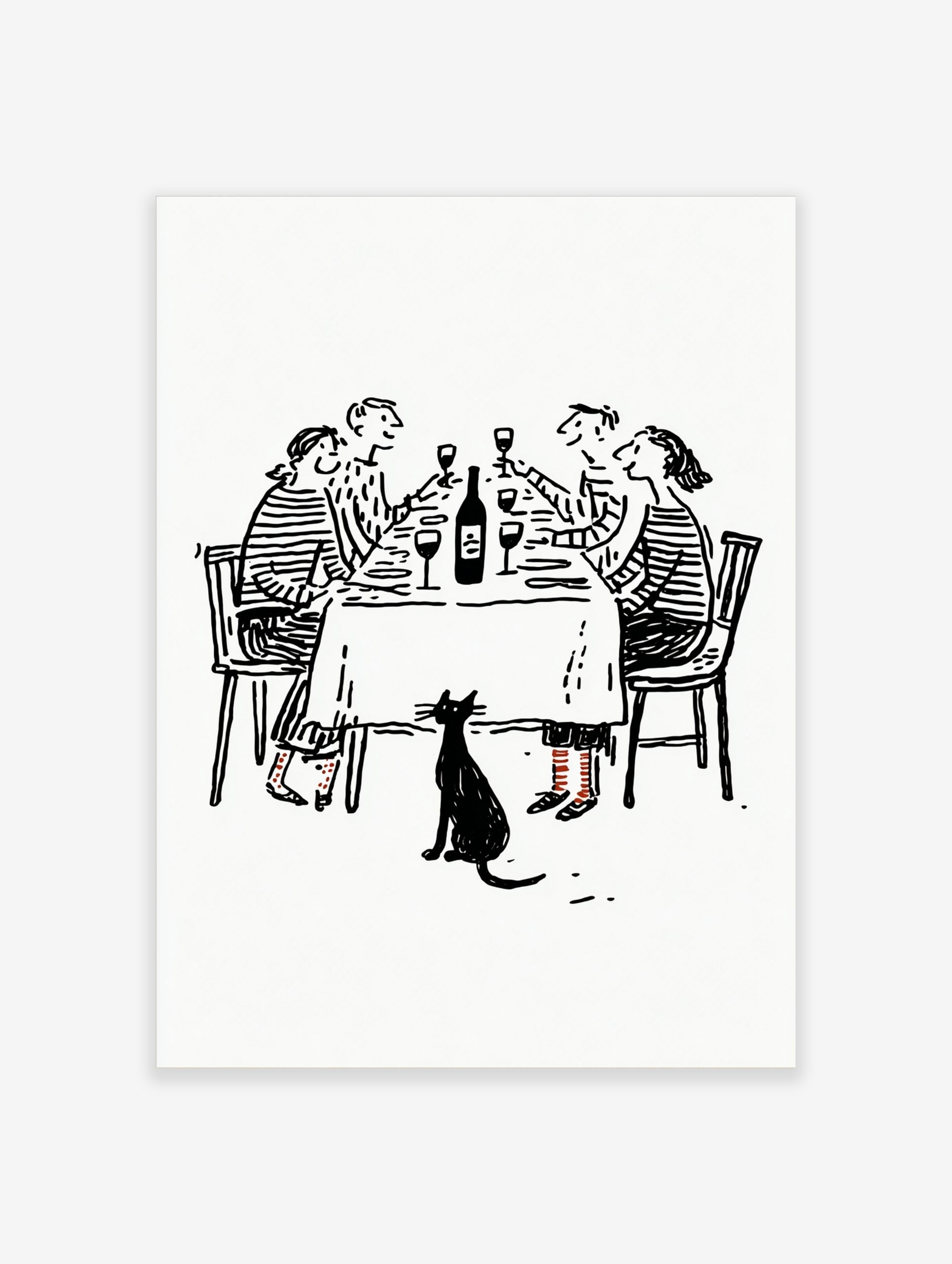 Black and white line drawing of four friends at a dinner party with a black cat below the table