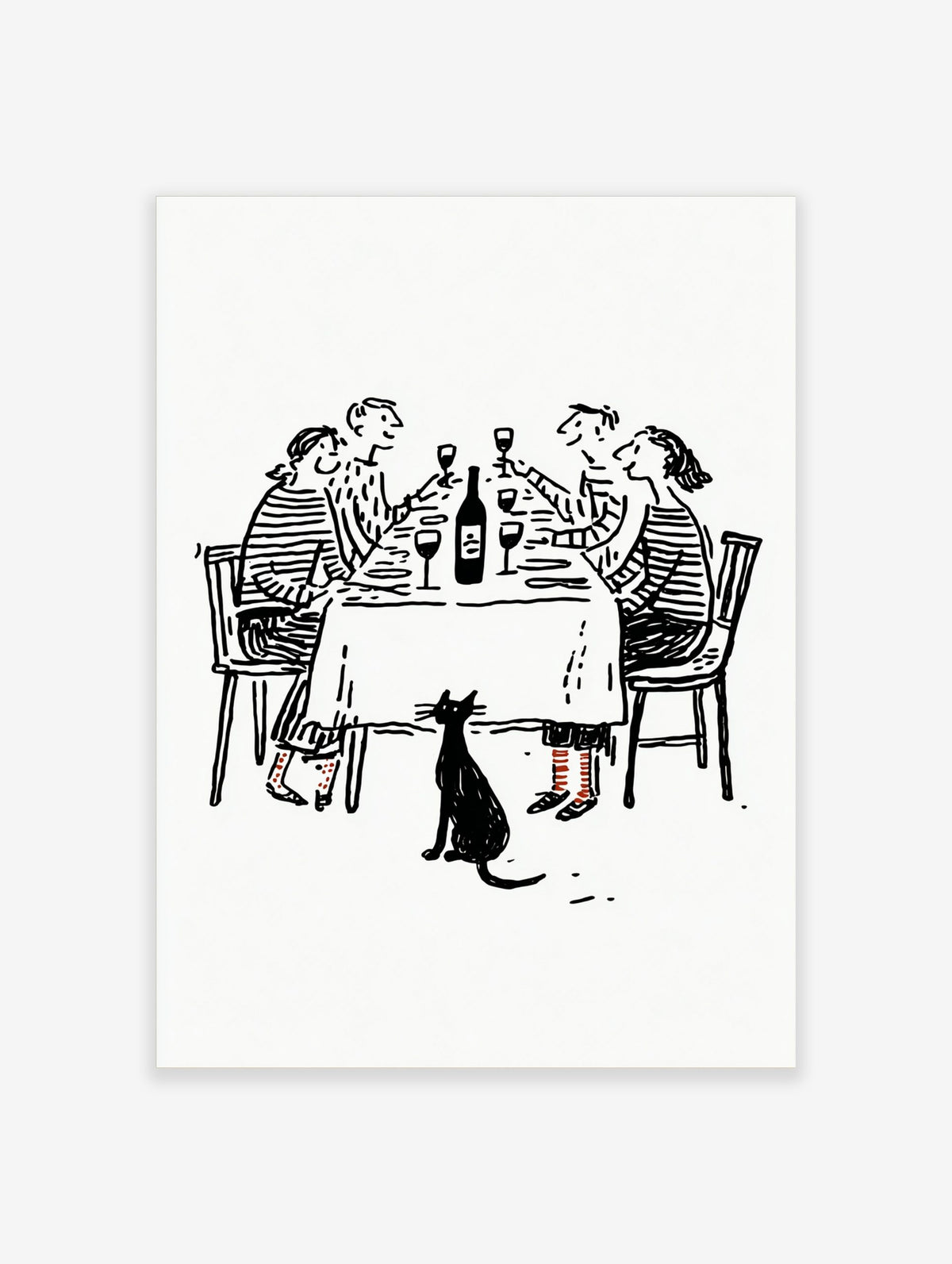 Black and white line drawing of four friends at a dinner party with a black cat below the table
