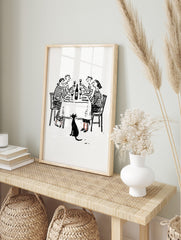 Black and white line drawing of four friends at a dinner party with a black cat below the, in an alternate framed mockup