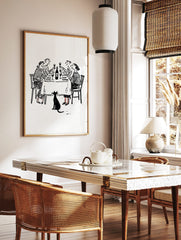 Black and white line drawing of four friends at a dinner party with a black cat below the table, in a styled room mockup