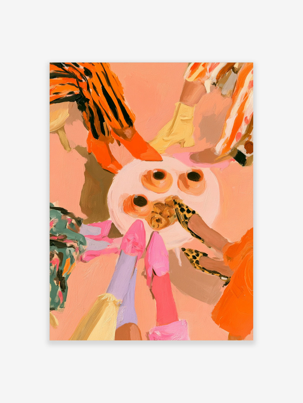 Illustrative wall art of a group of friends' legs and feet standing in a circle around a table with cups on peach background