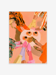 Illustrative wall art of a group of friends' legs and feet standing in a circle around a table with cups on peach background