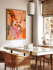 Illustrative wall art of a group of friends' legs and feet standing in a circle around a table with, in a styled room mockup