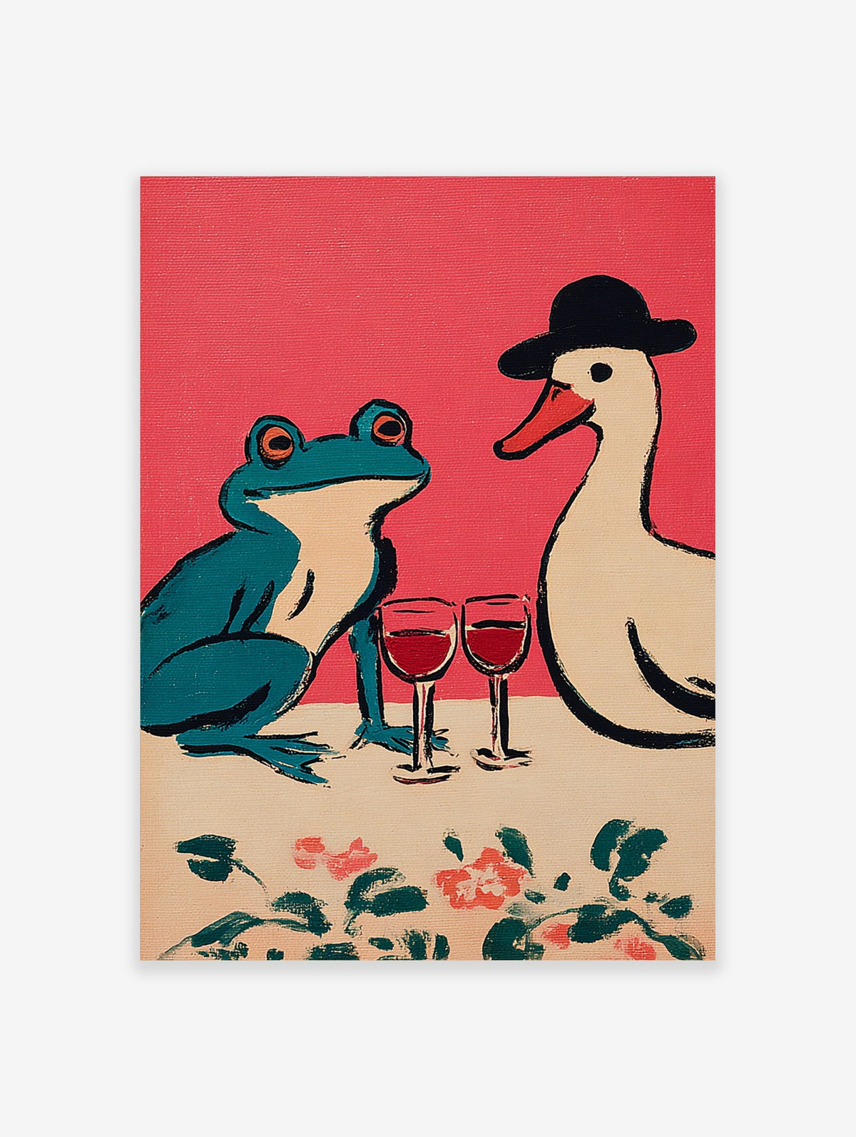 Illustrative print of a teal frog and a white duck in a hat sharing red wine on a pink background