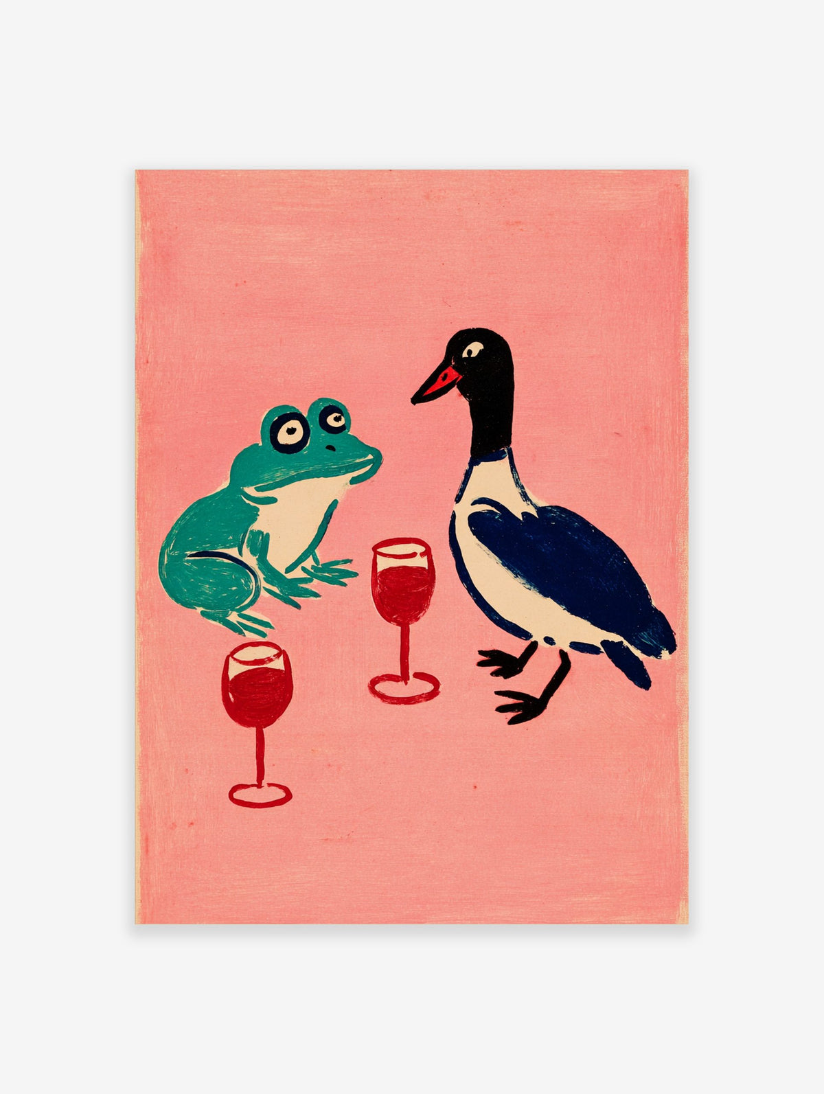 Illustrative print of a green frog and blue duck with red wine glasses on a pink background