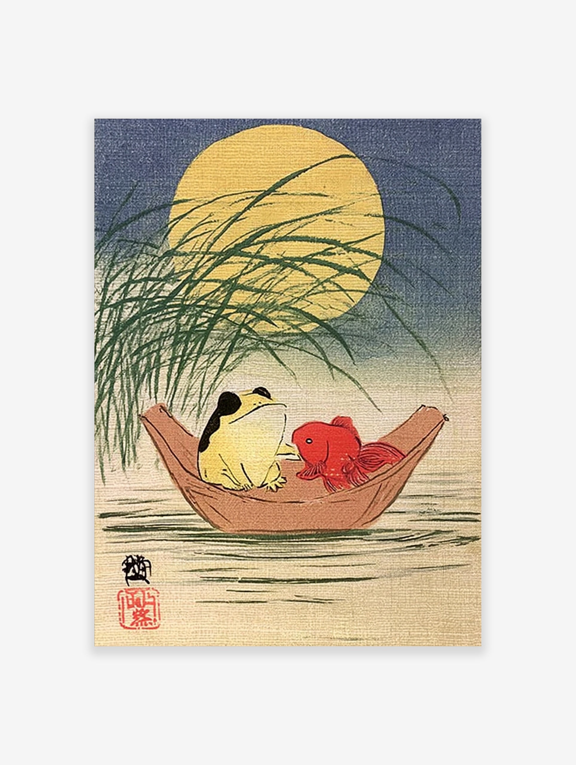 Japanese-style illustration of a frog and a red goldfish in a wooden boat under a full moon, with silhouetted reeds