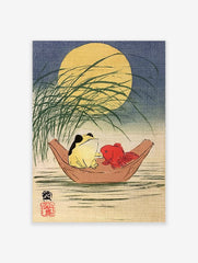 Japanese-style illustration of a frog and a red goldfish in a wooden boat under a full moon, with silhouetted reeds