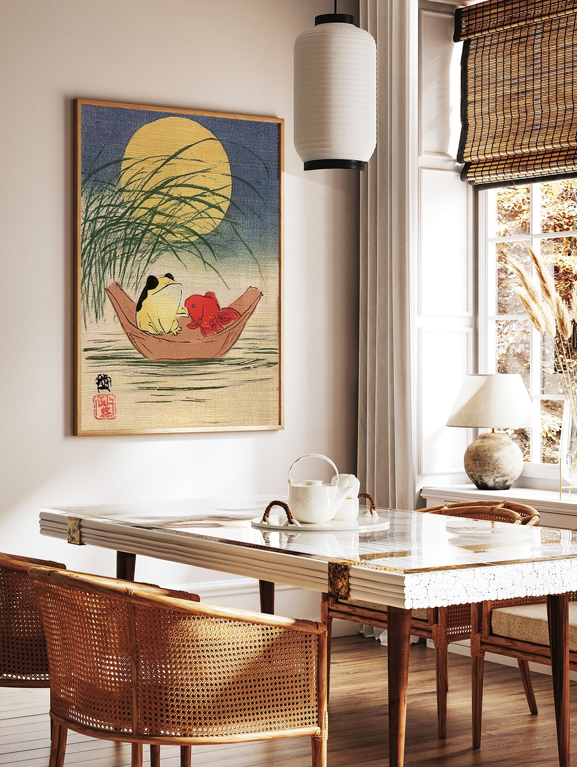 Japanese-style illustration of a frog and a red goldfish in a wooden boat under a full moon, with, in a styled room mockup