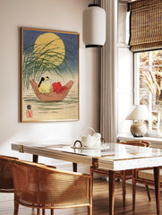Japanese-style illustration of a frog and a red goldfish in a wooden boat under a full moon, with, in a styled room mockup