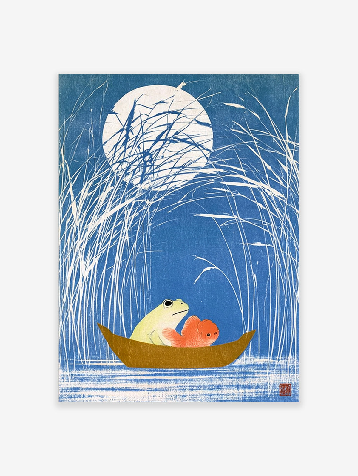 Japanese woodblock style art print of a frog and goldfish in a small boat under a full moon with white reeds