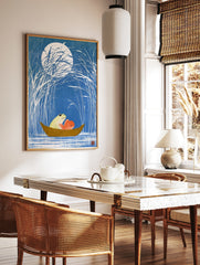 Japanese woodblock style art print of a frog and goldfish in a small boat under a full moon with, in a styled room mockup