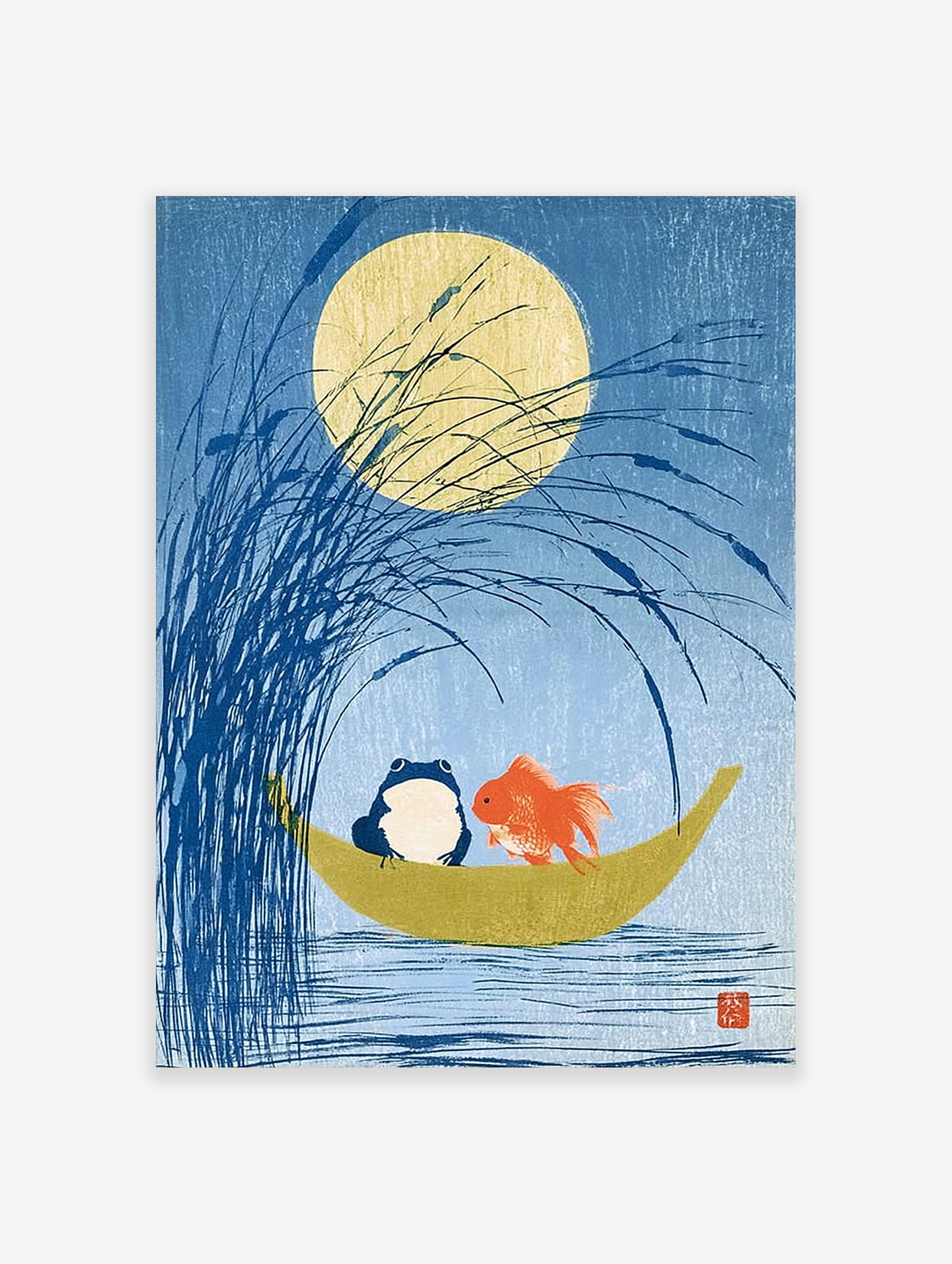 Blue frog and orange goldfish in a crescent moon boat under a full moon in a Japanese style art print