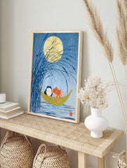 Blue frog and orange goldfish in a crescent moon boat under a full moon in a Japanese style, in an alternate framed mockup
