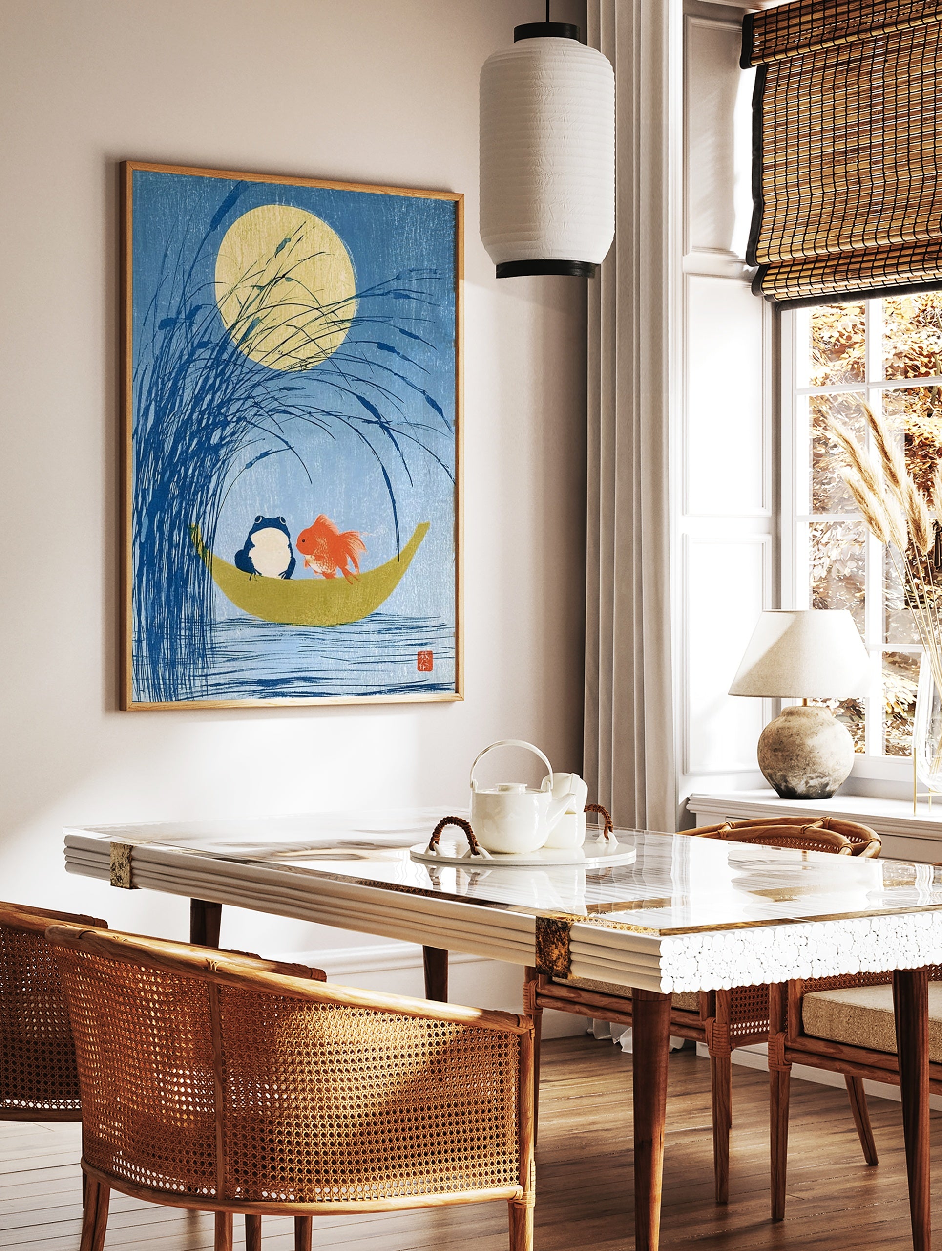 Blue frog and orange goldfish in a crescent moon boat under a full moon in a Japanese style art, in a styled room mockup