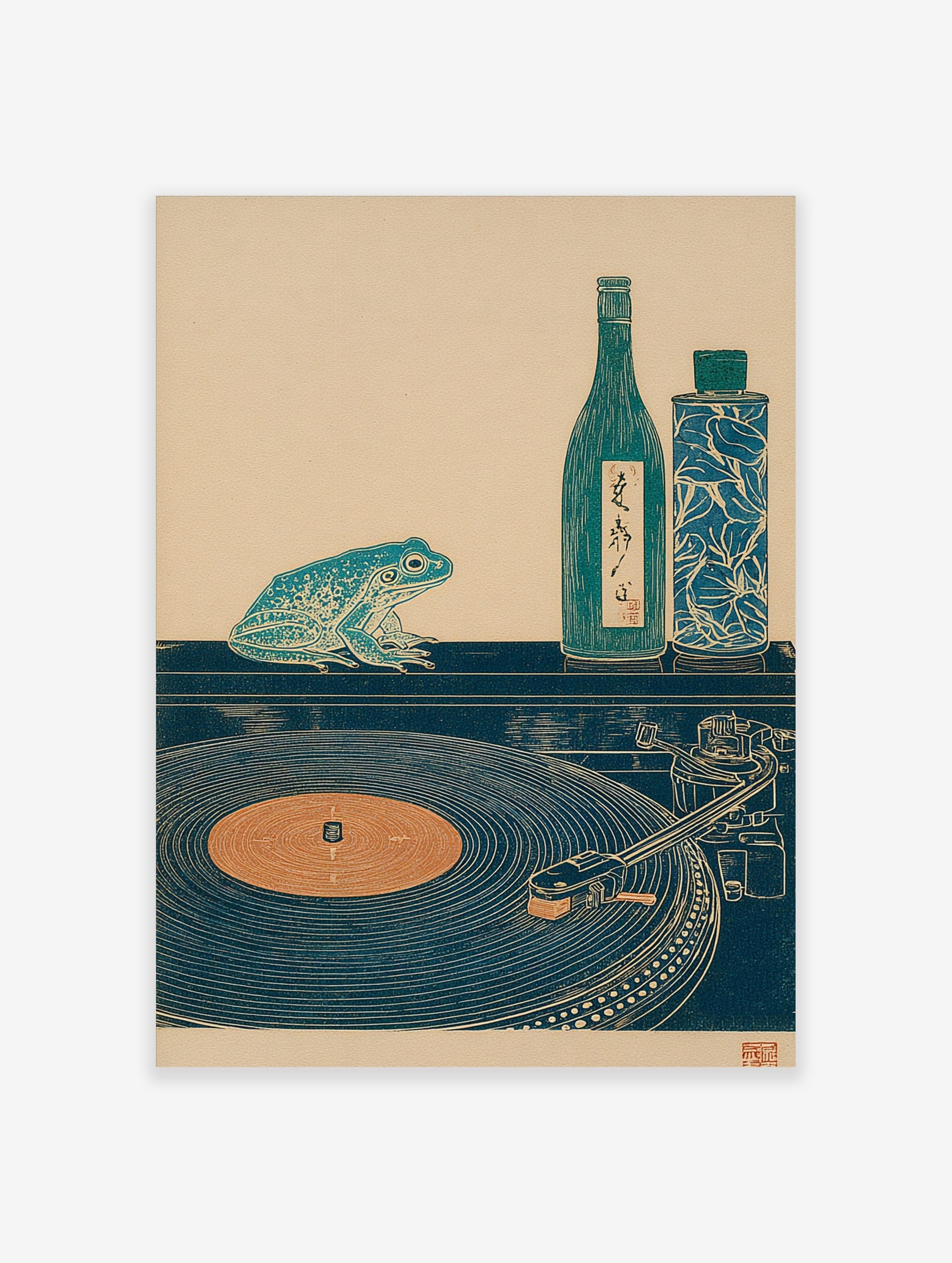 Japanese woodblock style print of a teal frog, sake bottle, and record player on a dark surface