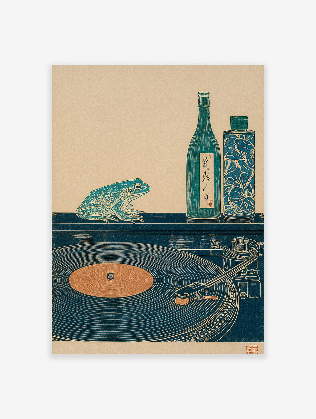 Japanese woodblock style print of a teal frog, sake bottle, and record player on a dark surface