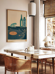 Japanese woodblock style print of a teal frog, sake bottle, and record player on a dark surface, in a styled room mockup