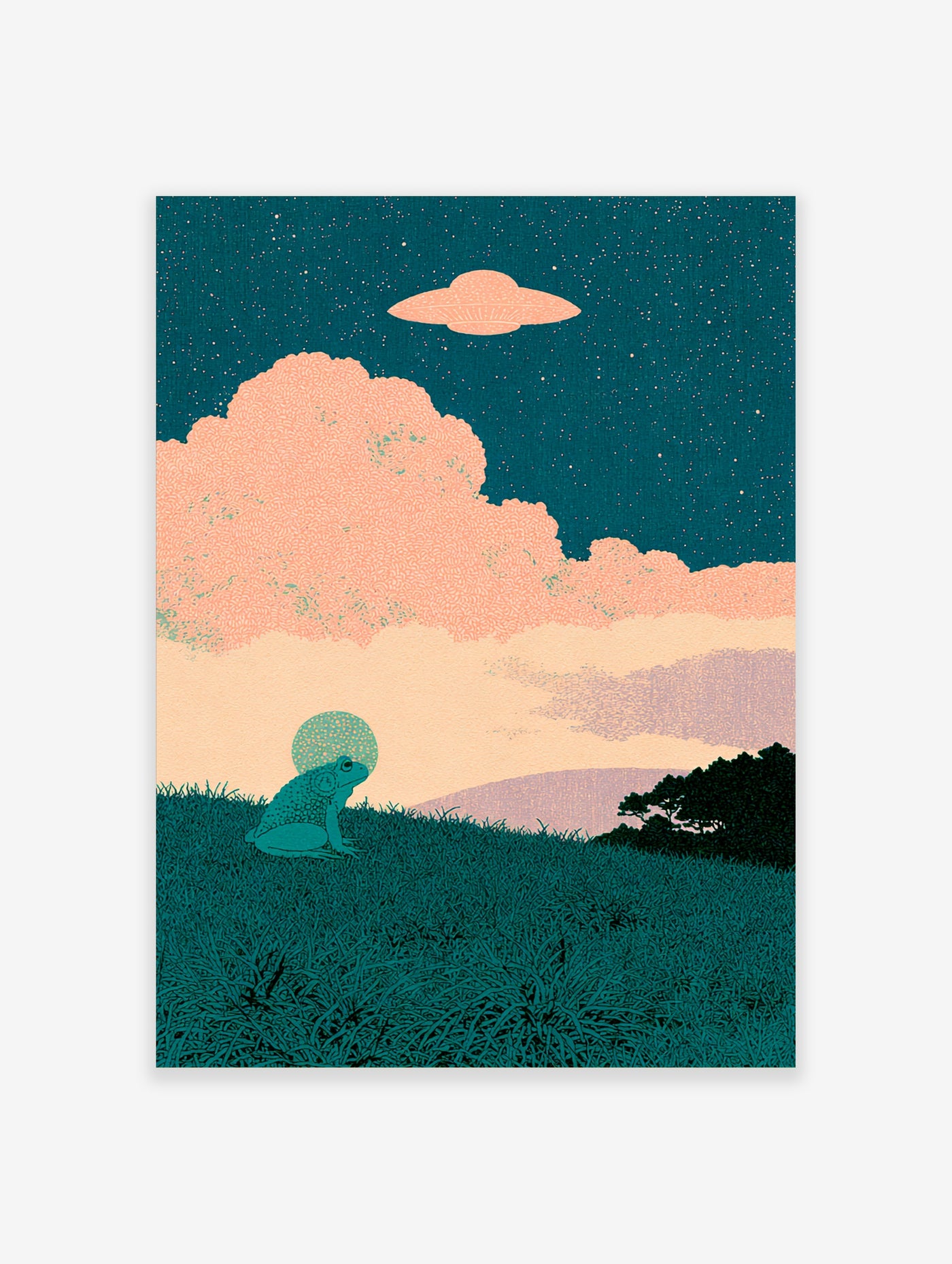 Teal frog in grass looking at pink UFO in starry sky, with peach cloud and moon, retro sci-fi illustration