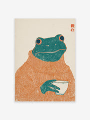 Whimsical frog art print featuring a green frog wearing an orange turtleneck sweater and holding a white cup on an off-white background.