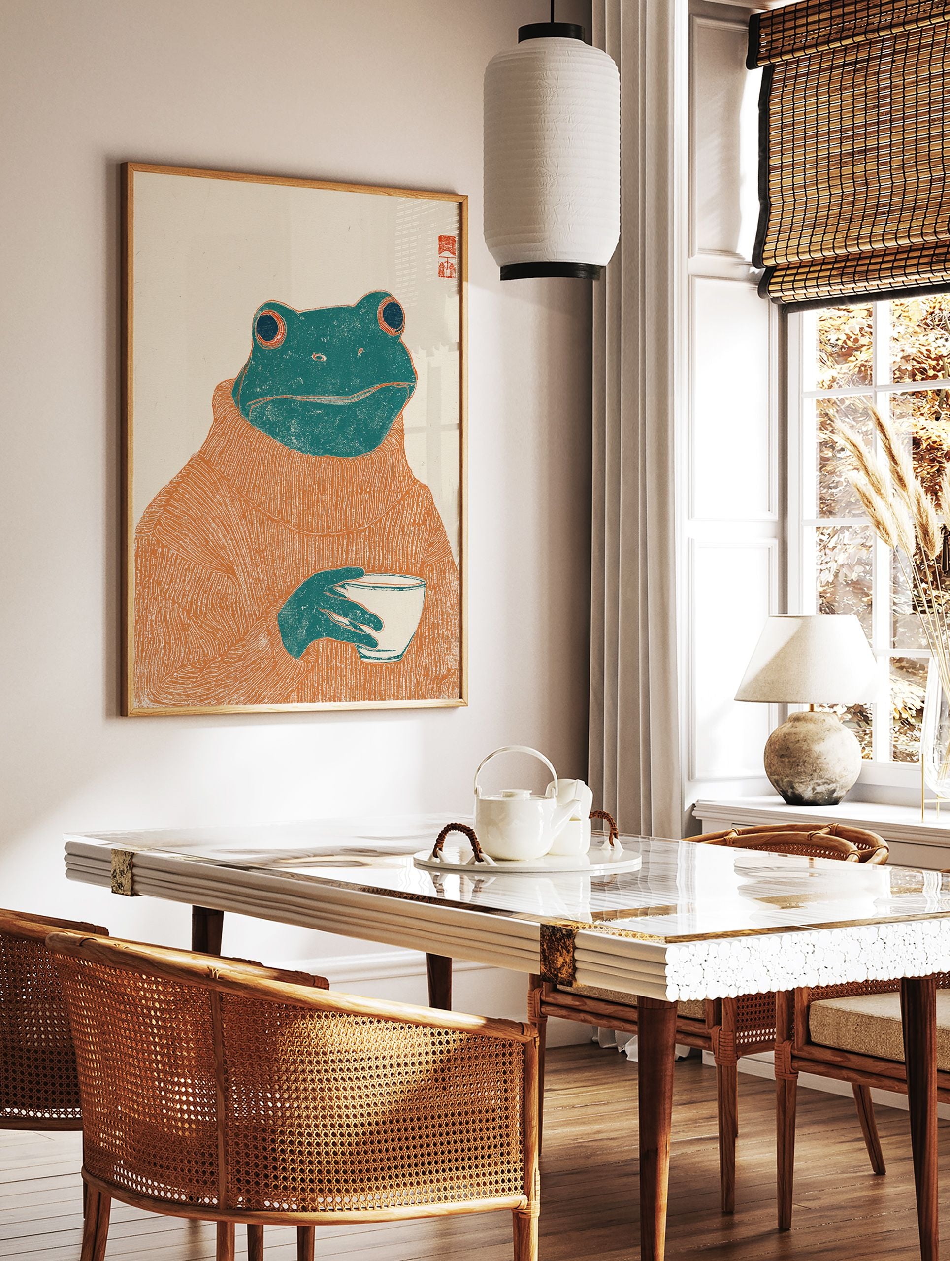 Whimsical frog art print featuring a green frog wearing an orange turtleneck sweater and holding a white cup on an off-white background. - Image 2