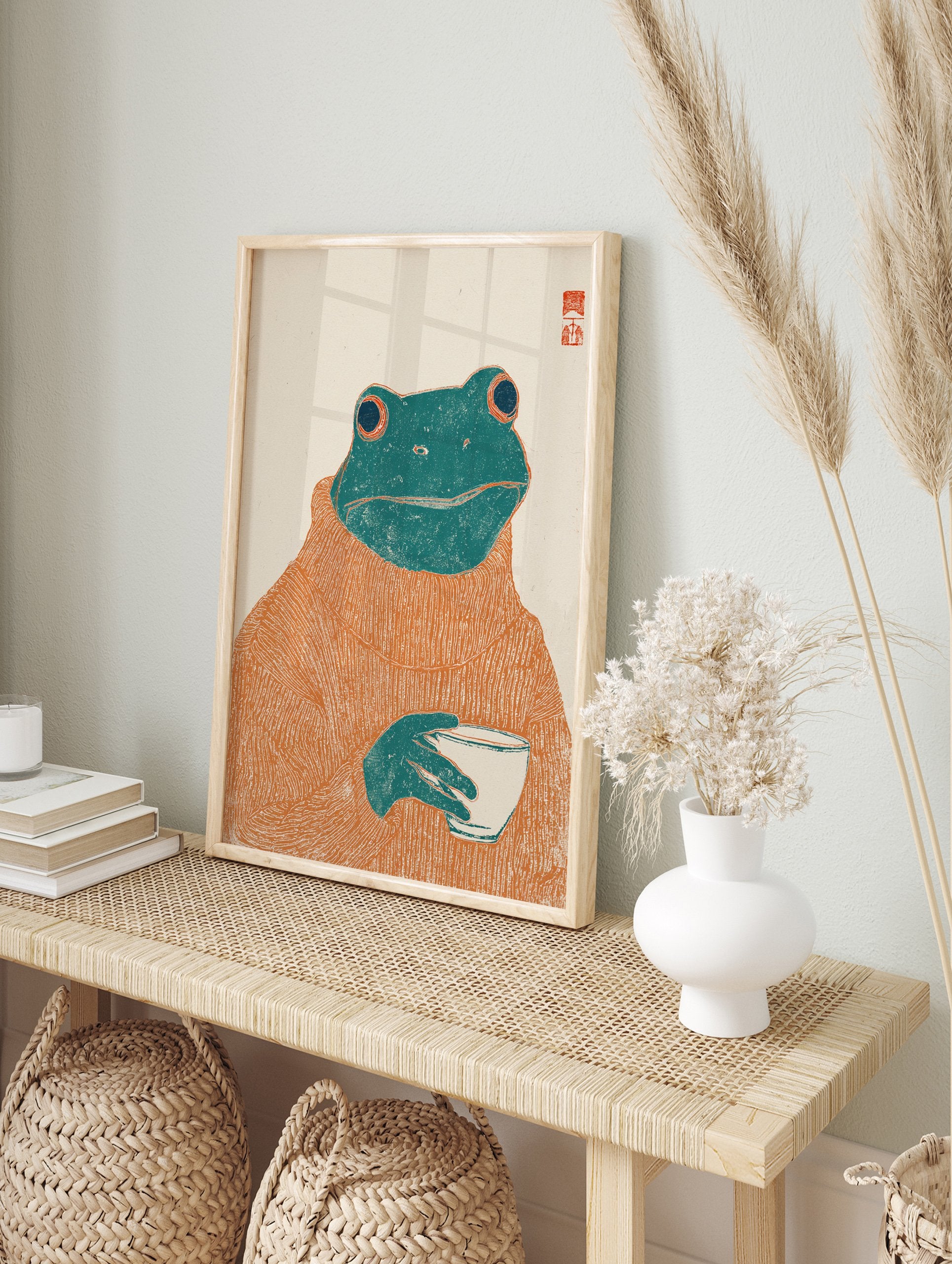 Whimsical frog art print featuring a green frog wearing an orange turtleneck sweater and holding a white cup on an off-white background. - Image 3