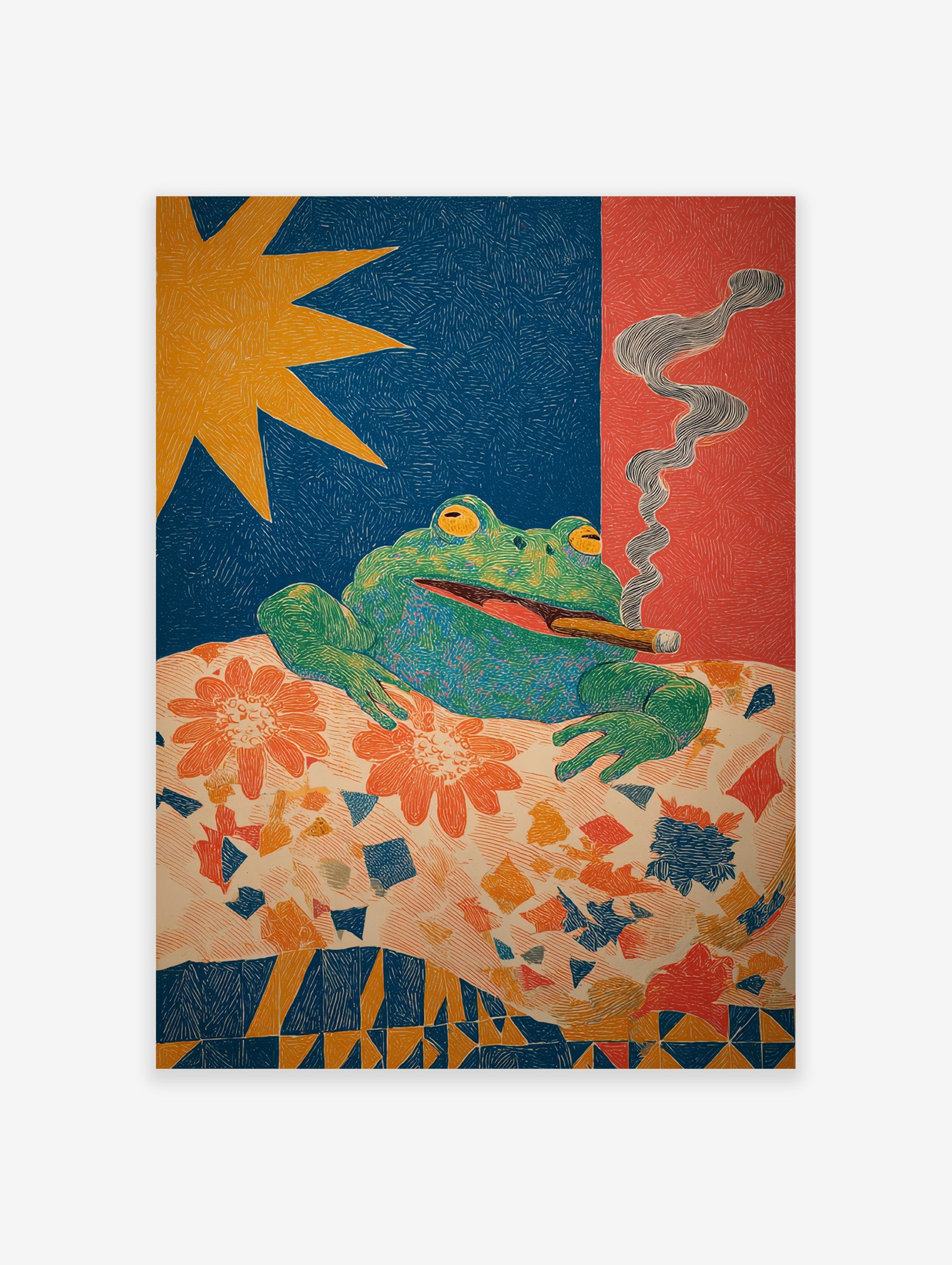Illustrative frog art print of a green frog smoking a cigar, set against a blue background with a yellow star and red background with smoke.