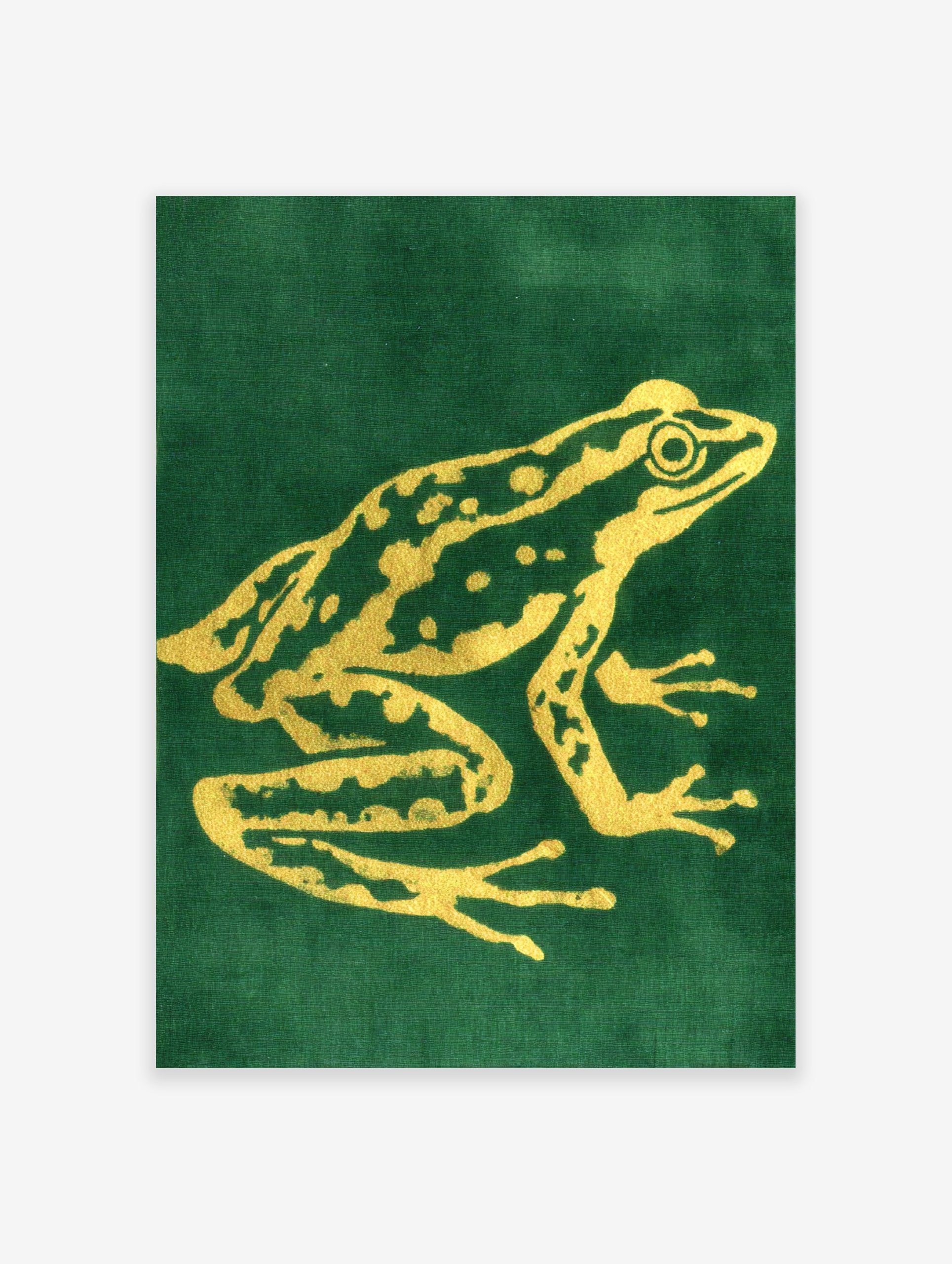 Golden frog illustration art poster on a deep green background, showcasing intricate details and patterns on the frog's skin.