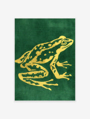 Golden frog illustration art poster on a deep green background, showcasing intricate details and patterns on the frog's skin.