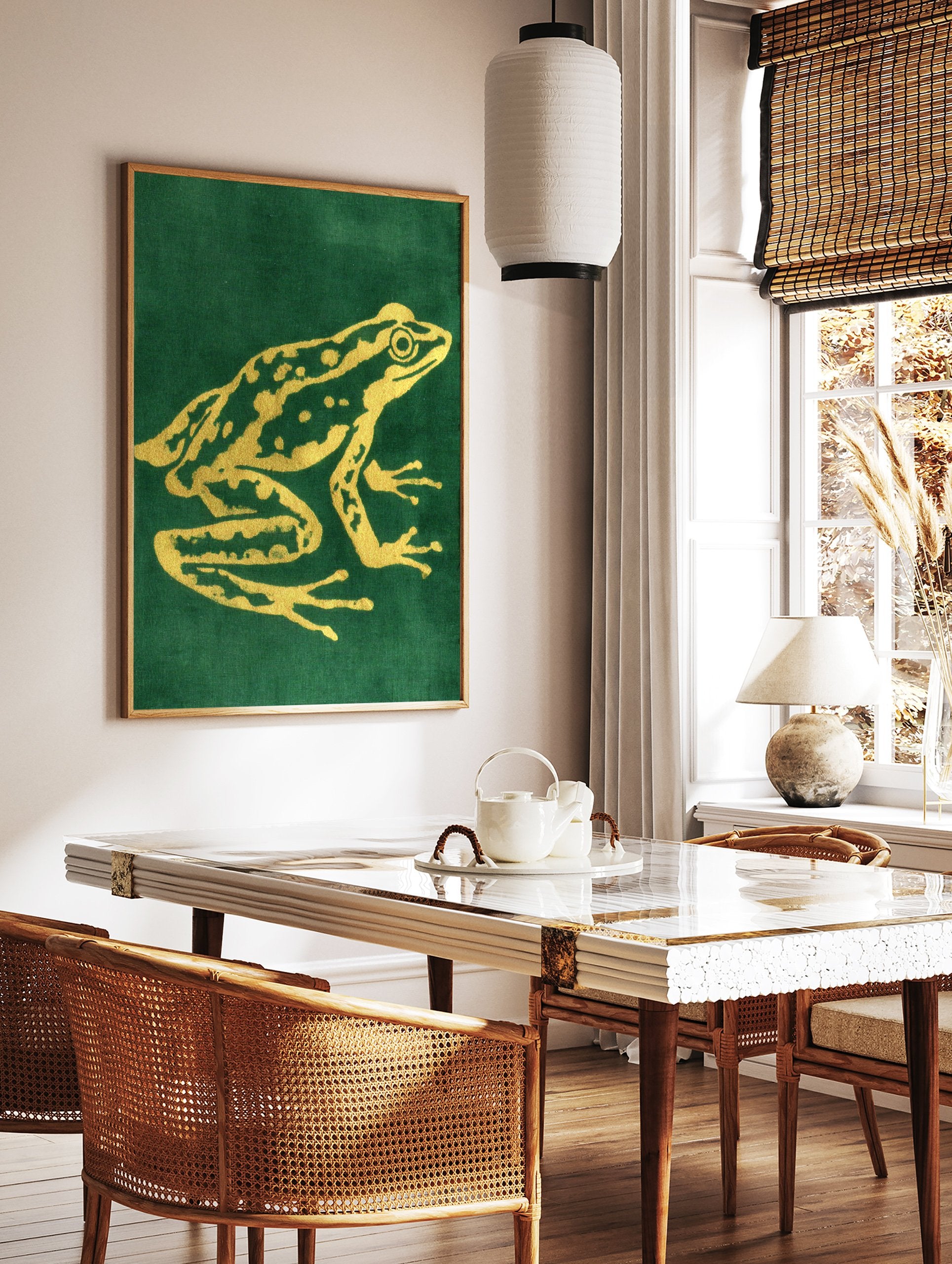 Golden frog illustration art poster on a deep green background, showcasing intricate details and patterns on the frog's skin. - Image 2