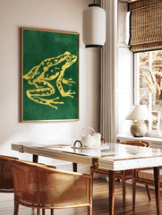 Golden frog illustration art poster on a deep green background, showcasing intricate details and patterns on the frog's skin. - Image 2