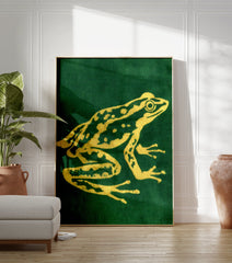Golden frog illustration art poster on a deep green background, showcasing intricate details and patterns on the frog's skin. - Image 3