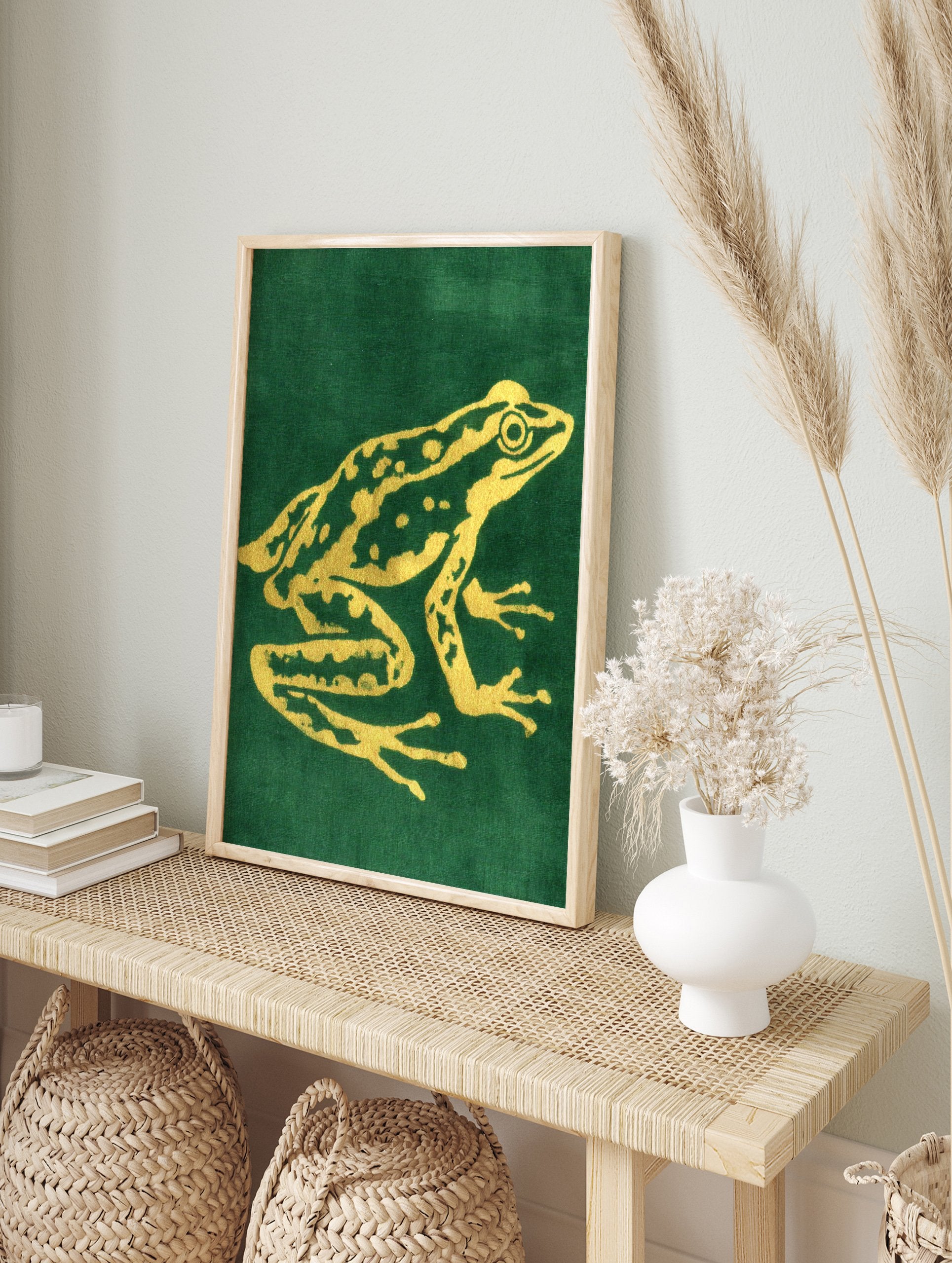 Golden frog illustration art poster on a deep green background, showcasing intricate details and patterns on the frog's skin. - Image 4