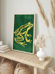 Golden frog illustration art poster on a deep green background, showcasing intricate details and patterns on the frog's skin. - Image 4