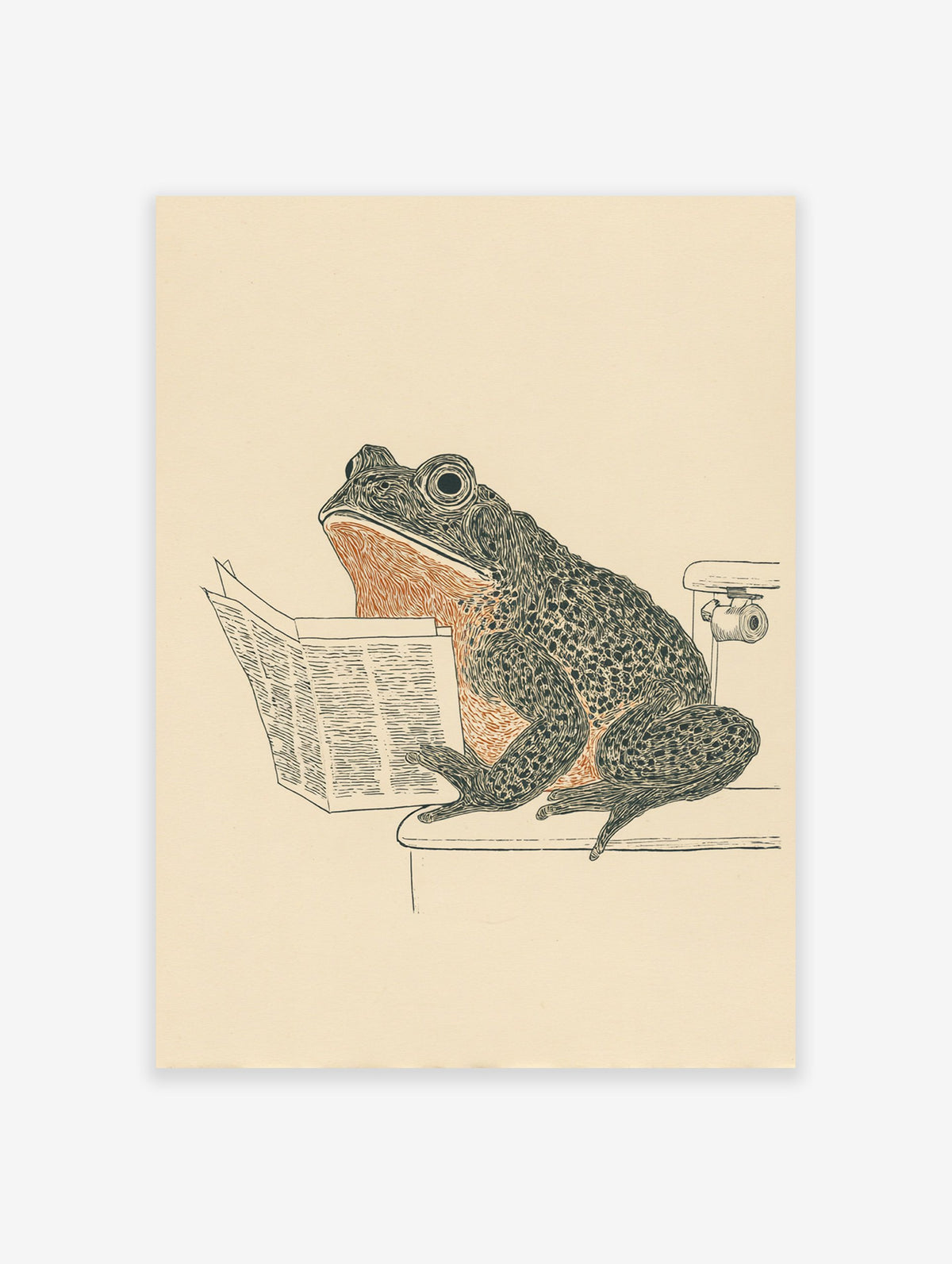Humorous frog art print showing a frog sitting on a toilet reading a newspaper, in black, orange, and beige tones.