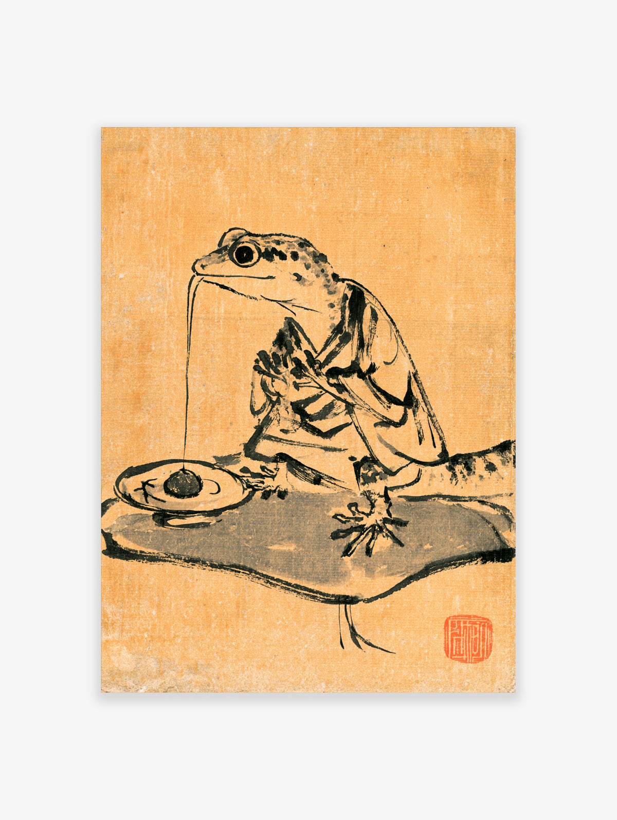 Ink frog art print holding a line to a dark orb on a plate, tan background