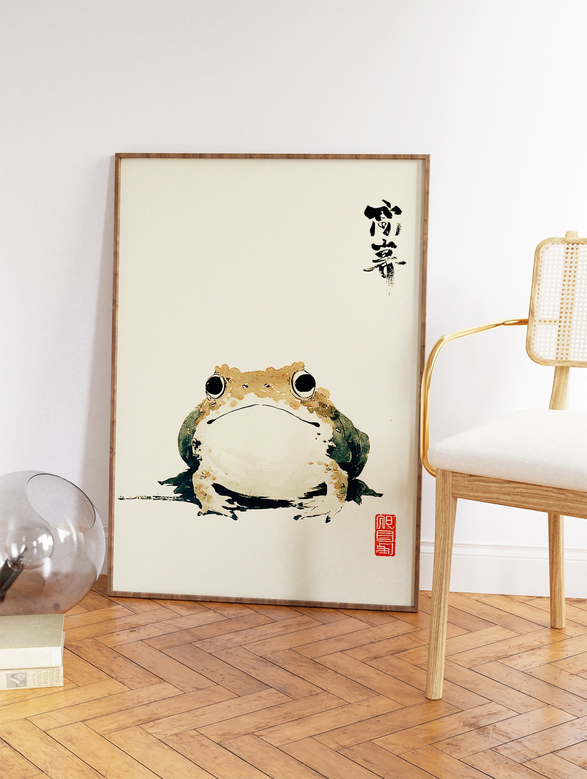 Japanese ink wash illustration of a frog with calligraphy and a red seal, a minimalist frog art print. - Image 2