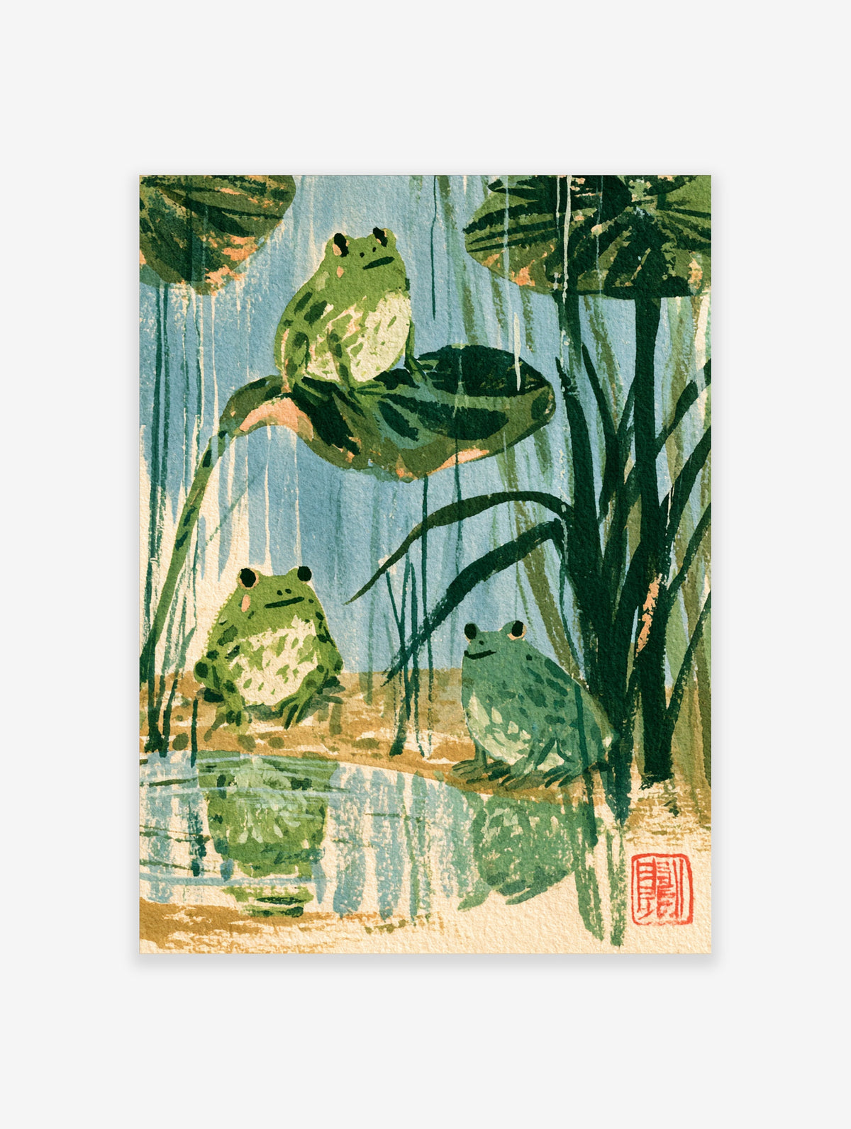 Frog art print of three green frogs on lily pads and a rainy pond bank with reeds and a red seal mark
