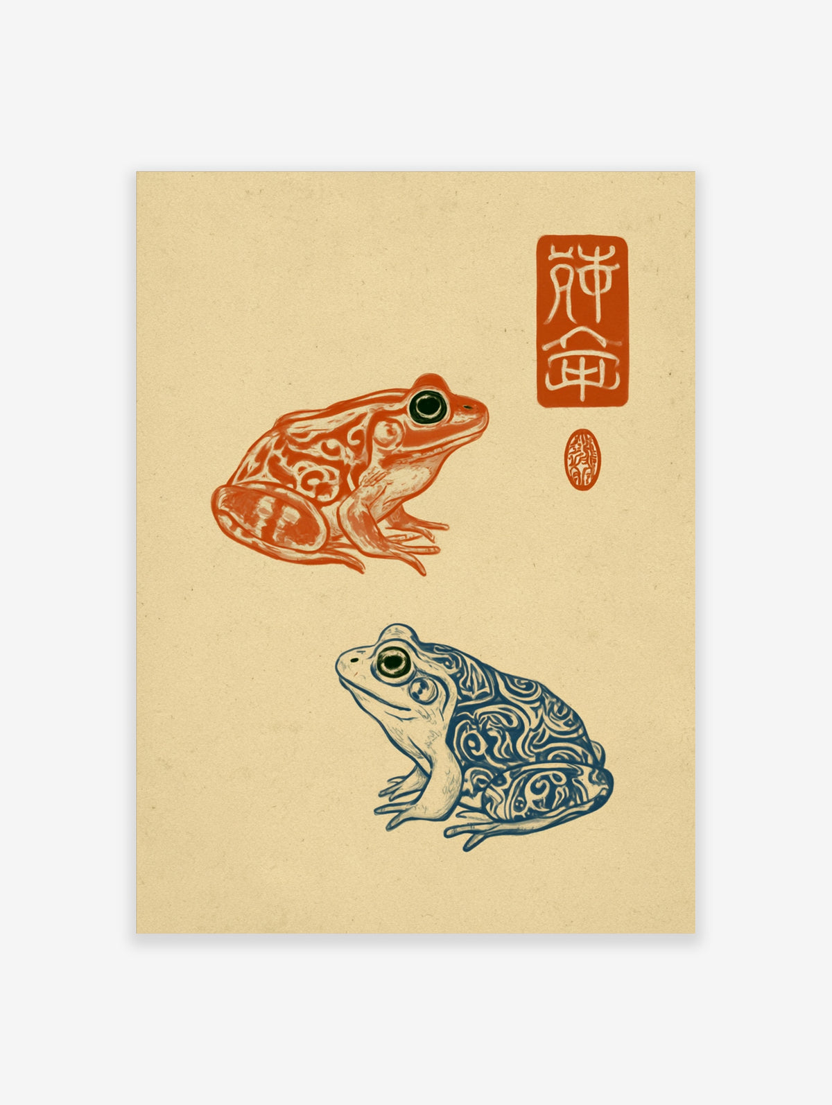 Red and blue frogs with swirling patterns and a red Japanese seal on a beige background