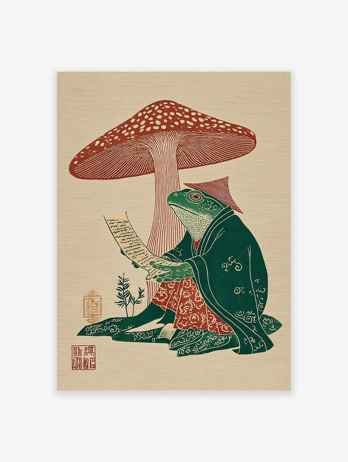 Japanese woodblock style art print of a frog in a robe reading under a red mushroom. Frog art illustration.