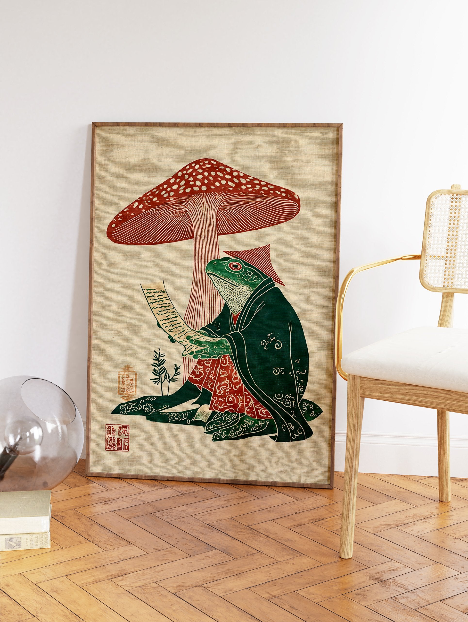 Japanese woodblock style art print of a frog in a robe reading under a red mushroom. Frog art illustration. - Image 2