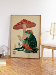 Japanese woodblock style art print of a frog in a robe reading under a red mushroom. Frog art illustration. - Image 2