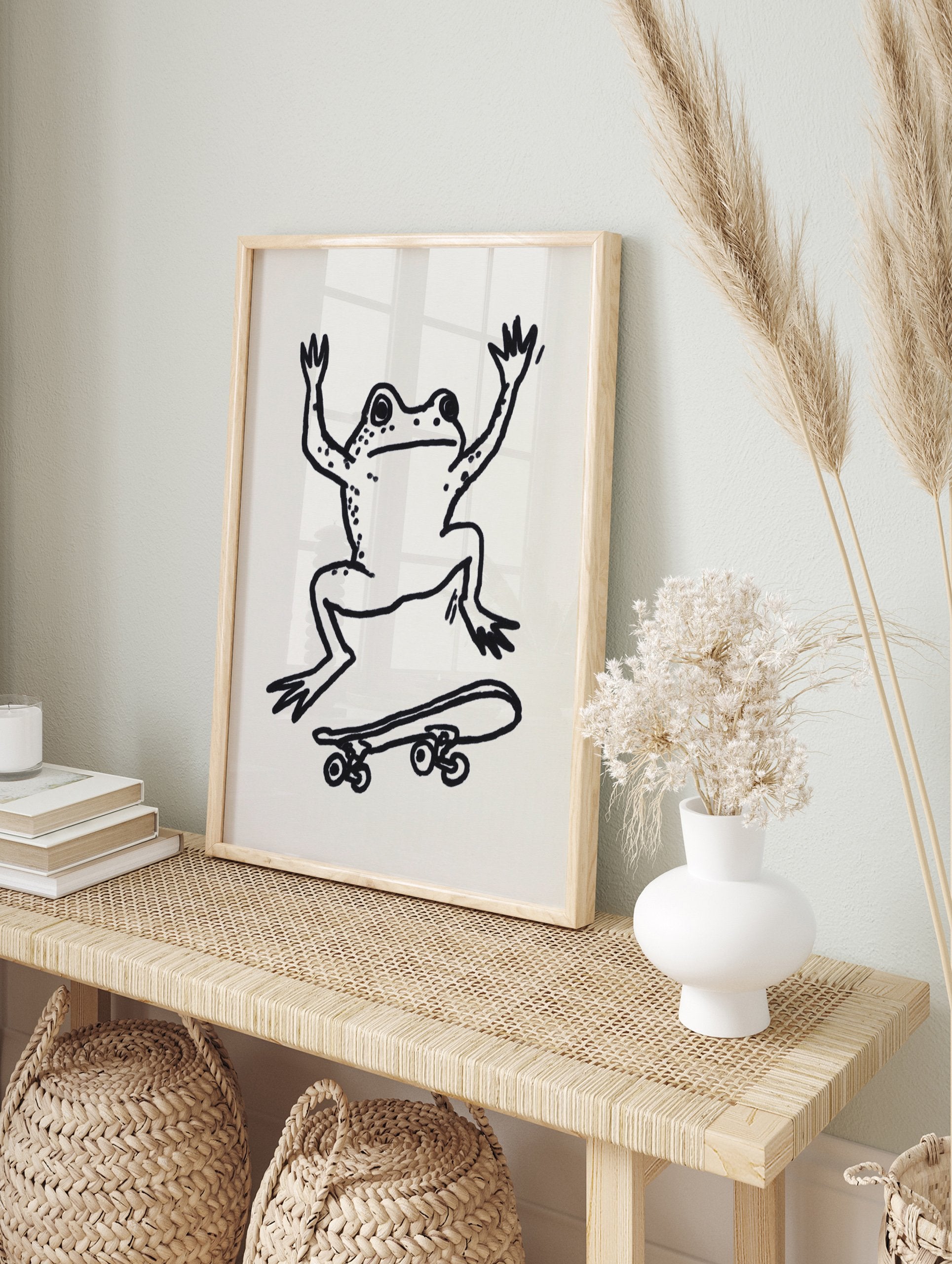 Black and white whimsical frog art print on a skateboard illustration on a plain background. - Image 3