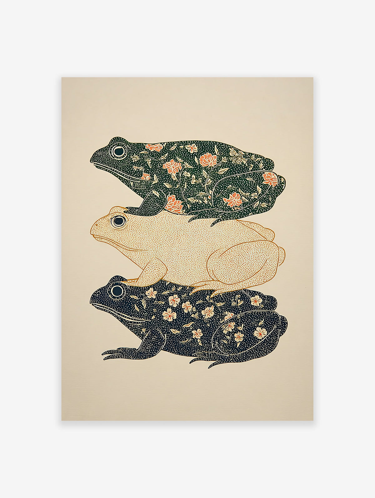 Decorative frog art print featuring three stacked frogs with botanical patterns and white dots on a light beige background.