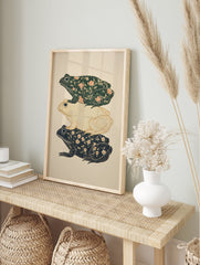 Decorative frog art print featuring three stacked frogs with botanical patterns and white dots on a light beige background. - Image 3