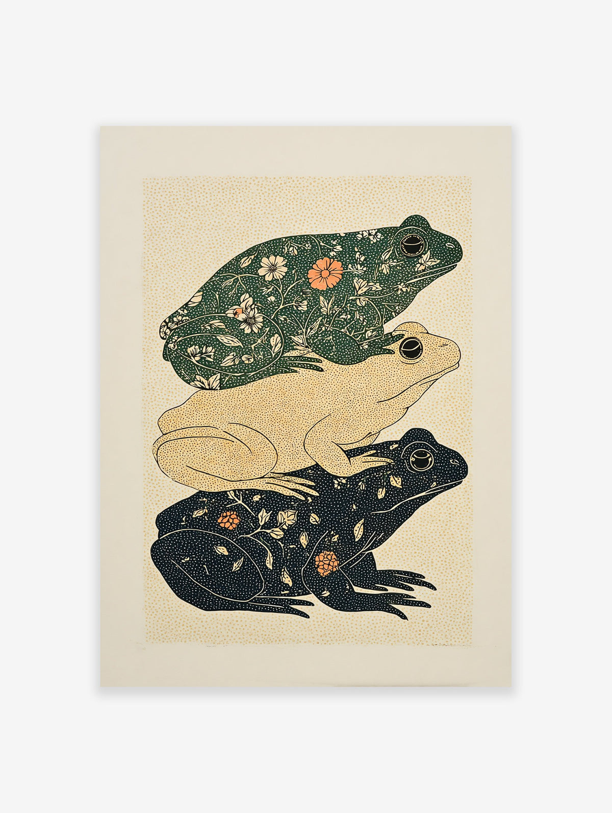 Stacked frog art print with botanical patterns in green, cream, and black on a dotted background