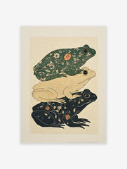 Stacked frog art print with botanical patterns in green, cream, and black on a dotted background