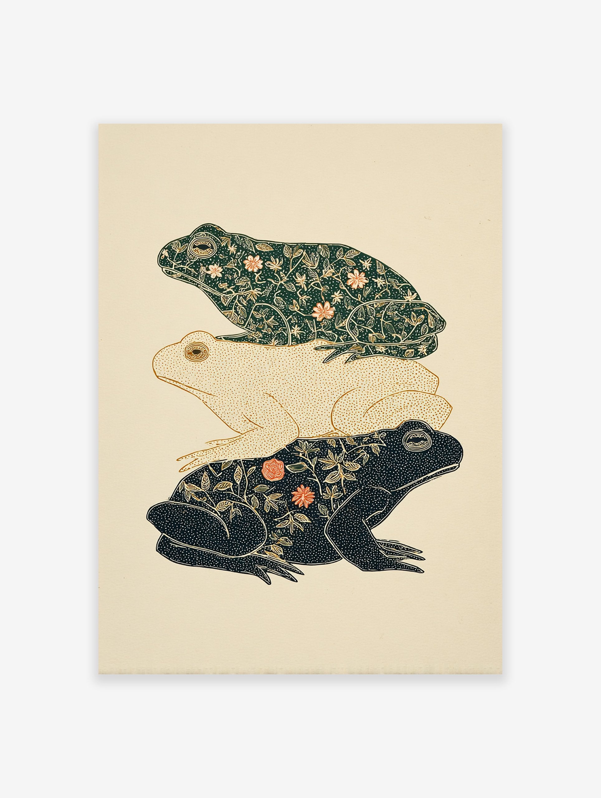 Three stacked frogs art print with intricate dark green, cream, and black botanical patterns on a light background.